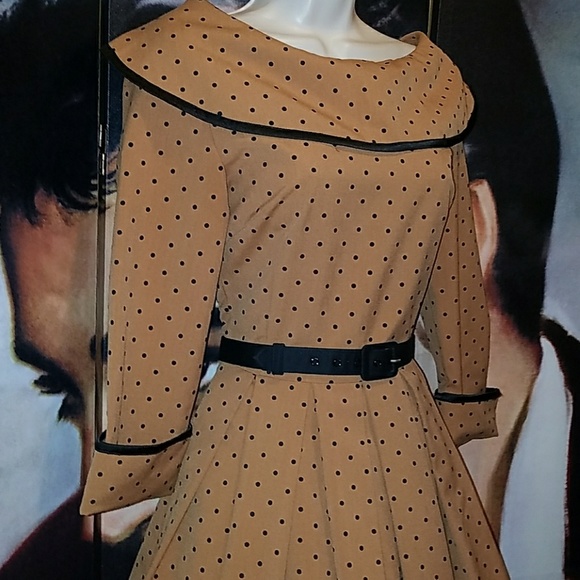Tatyana Iced Coffee 1940's Mocha Polka Dot 3/4 Sleeve Military Pinup Swing Dress - Picture 6 of 9